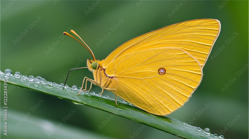 Yellow Butterfly Resting on Dew Covered Blade of Grass Yellow Butterfly Resting on Dew Covered Blade of Grass