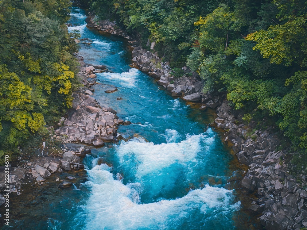 Pristine Turquoise Mountain River Flowing Through a Lush Forest Landscape Pristine Turquoise Mountain River Flowing Through a Lush Forest Landscape
