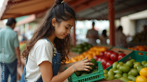 A hispanic teenage girl arranges avocados in a small crate at a vibrant market, surrounded by colorful fruits and blurred shoppers in the background