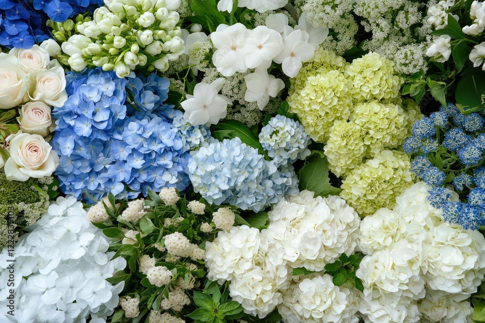 An elegant assortment of blue, white, and green hydrangeas paired with creamy roses, creating a serene floral composition.. An elegant assortment of blue, white, and green hydrangeas paired with creamy roses, creating a serene floral composition..