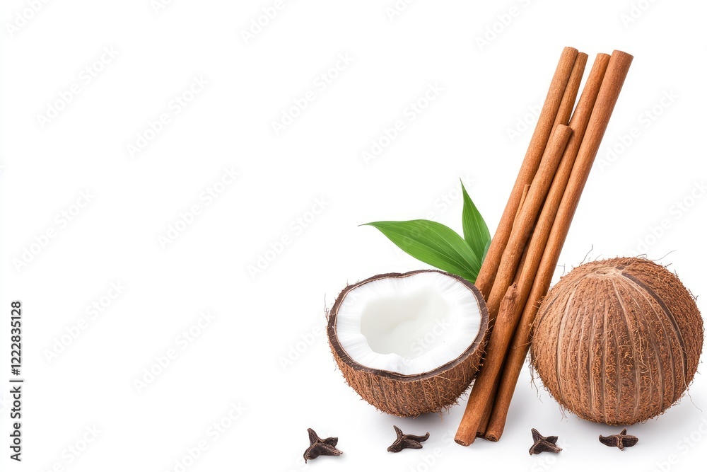Fresh coconut half with cinnamon sticks and cloves arranged on a white background for culinary use Fresh coconut half with cinnamon sticks and cloves arranged on a white background for culinary use