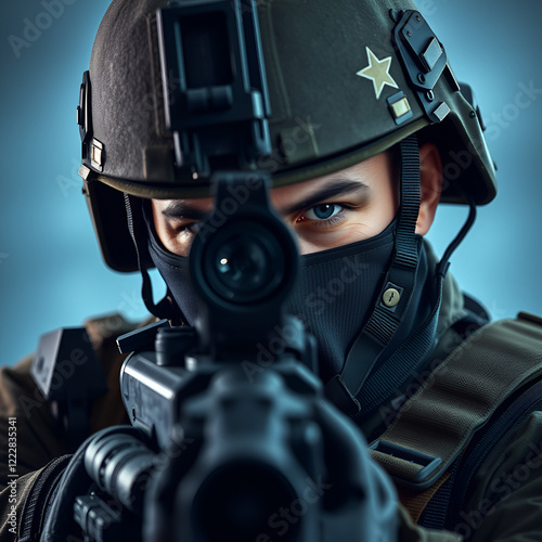 Portrait of a special forces soldier who is aiming at a collimator sight of a machine gun. The concept of special military units. Computer games. photo