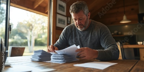 A farmer sitting at a rustic wooden kitchen table, reviewing stacks of tax documents and bills