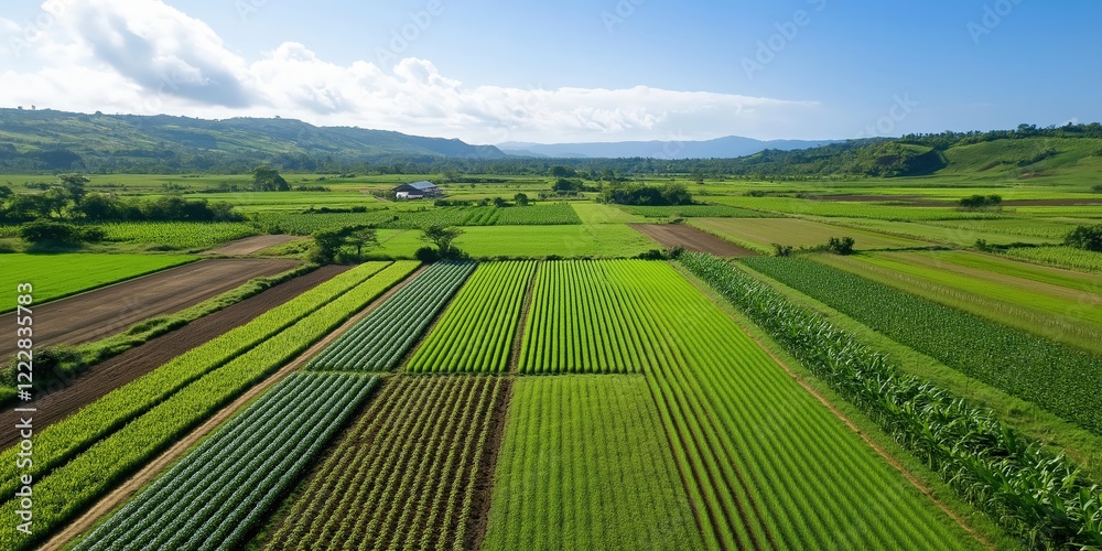 Fototapeta premium A bird’s-eye view of a farm showing distinct sections of crops in different stages of growth