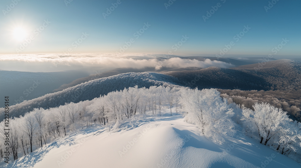 山頂からの360度パノラマで描いた雪山の壮大な冬景色 山頂からの360度パノラマで描いた雪山の壮大な冬景色