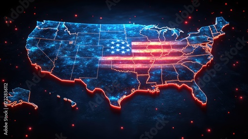 A digitally rendered map of North America at night,