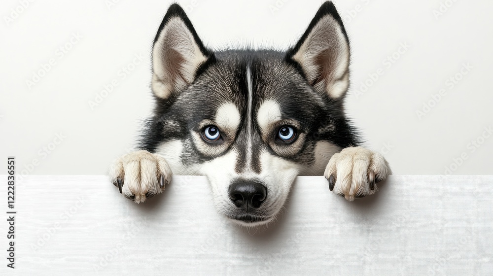 Husky Dog with Piercing Blue Eyes Biting on Narrow White Background Husky Dog with Piercing Blue Eyes Biting on Narrow White Background