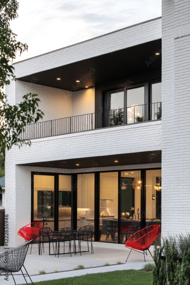 Obraz premium A contemporary home featuring an outdoor dining space and chic seating arrangements creates a cozy atmosphere as dusk falls in the suburban neighborhood