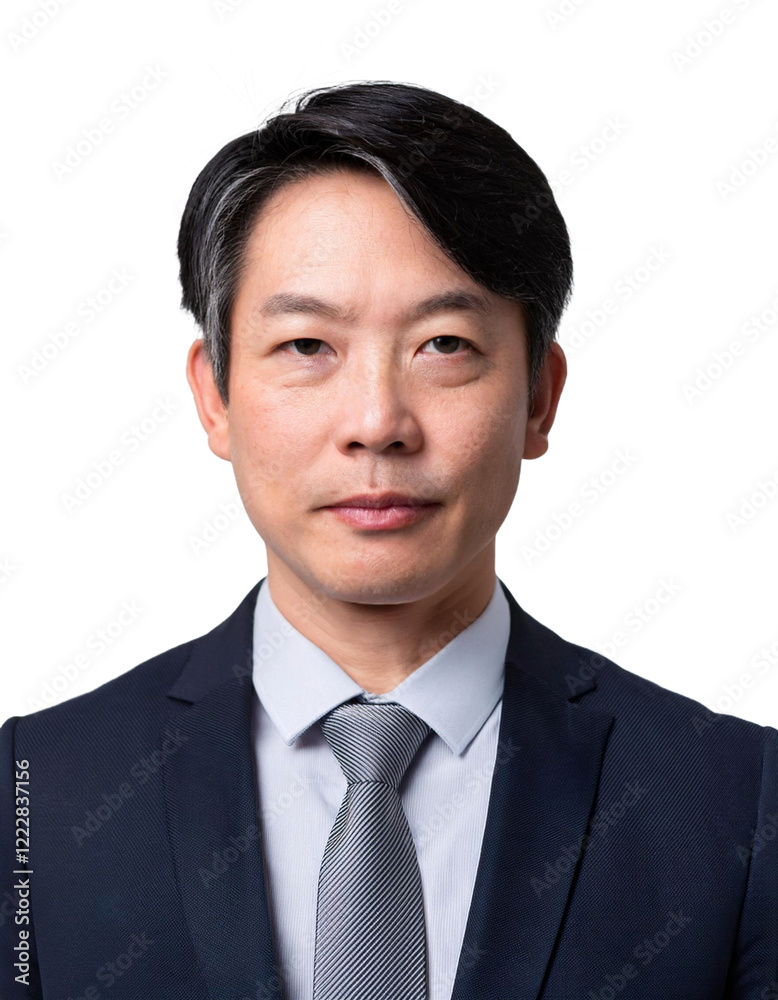 ダークスーツを着た中高年男性の証明写真。白背景に上半身