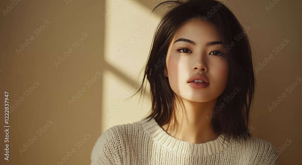 Asian Beauty in Beige Winter Top: Natural Light Portrait for Skincare, Makeup, and Lifestyle Themes Asian Beauty in Beige Winter Top: Natural Light Portrait for Skincare, Makeup, and Lifestyle Themes