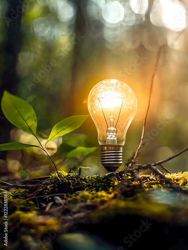 A glowing light bulb placed on moss in a lush forest, symbolizing the fusion of technology and nature. The warm light contrasts with the greenery, creating an inspiring eco-friendly concept. photo