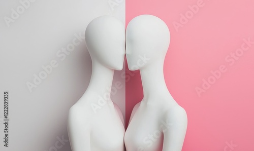 Two Mannequins Embrace: Two white mannequins face each other against a split background of pale gray and blush pink, their heads almost touching in a visually striking and subtly suggestive pose.