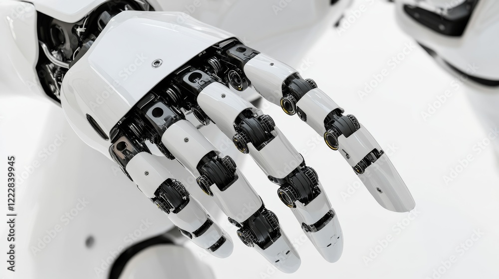 A detailed close-up of a humanoid robot’s hand with articulated fingers and high-tech components, clean tech environment, Precision style A detailed close-up of a humanoid robot’s hand with articulated fingers and high-tech components, clean tech environment, Precision style