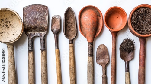 Collection of vintage gardening tools arranged on a white background, showcasing their unique textures photo