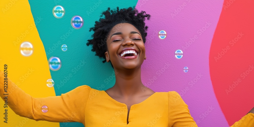 A woman is smiling and surrounded by bubbles. Concept of joy and playfulness A woman is smiling and surrounded by bubbles. Concept of joy and playfulness