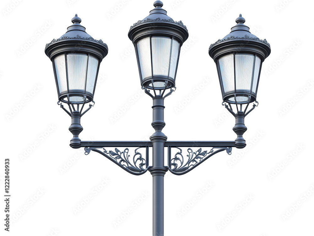 Isolated Triple Street Lamps with Ornate Details Isolated Triple Street Lamps with Ornate Details