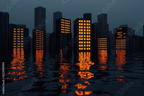 A 3D city submerged in rising water levels, with glowing safety warnings projected on the remaining visible skyscrapers