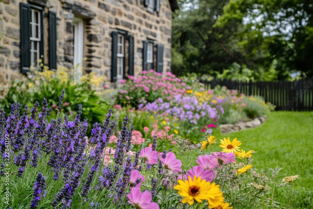 Vibrant flower garden surrounding a historic stone house in summer with blooming lavender, daisies, and colorful petunias creating a serene outdoor atmosphere Vibrant flower garden surrounding a historic stone house in summer with blooming lavender, daisies, and colorful petunias creating a serene outdoor atmosphere