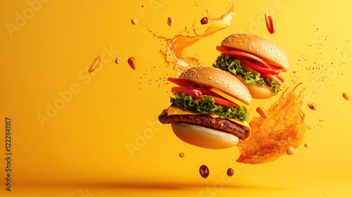 Two cheeseburgers with vibrant ingredients splash against yellow background