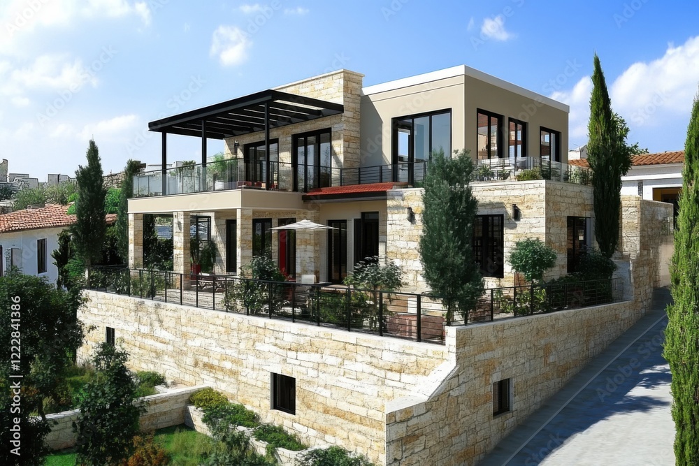 Nestled in a tranquil neighborhood, this modern villa showcases a stunning contemporary design, surrounded by vibrant, lush greenery under the bright sun Nestled in a tranquil neighborhood, this modern villa showcases a stunning contemporary design, surrounded by vibrant, lush greenery under the bright sun