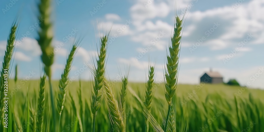 A UK barley field during early summer, with tall green stalks swaying gently in the wind A UK barley field during early summer, with tall green stalks swaying gently in the wind