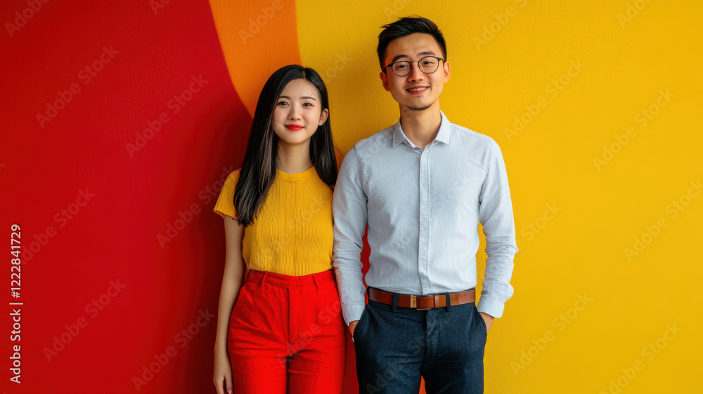 Smiling man and woman stand against vibrant red and yellow background Smiling man and woman stand against vibrant red and yellow background