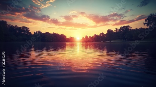 Serene Sunset Over Calm Lake Trees Silhouetted