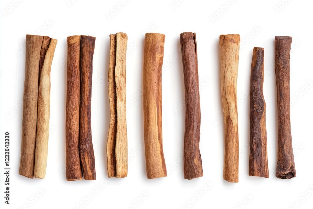 A collection of various wooden sticks arranged in a row. A collection of various wooden sticks arranged in a row.