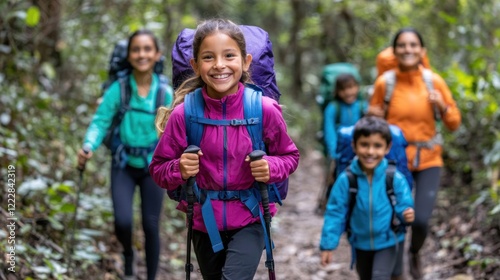 Happy Girl Hiking With Family Through Forest Trails