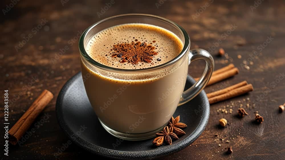 A warm cup of spiced coffee adorned with star anise on a dark wooden table. A warm cup of spiced coffee adorned with star anise on a dark wooden table.