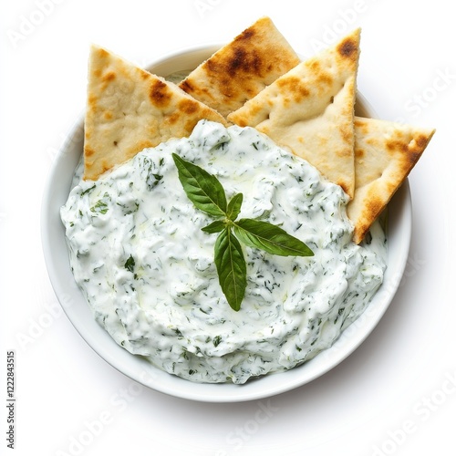 A bowl of creamy tzatziki dip with pita bread, isolated white background, surrealism art style
