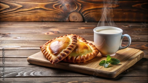 Traditional Karelian pasty with a steaming cup of milk on a wooden table, pasty, karelian, pasty,karelian photo