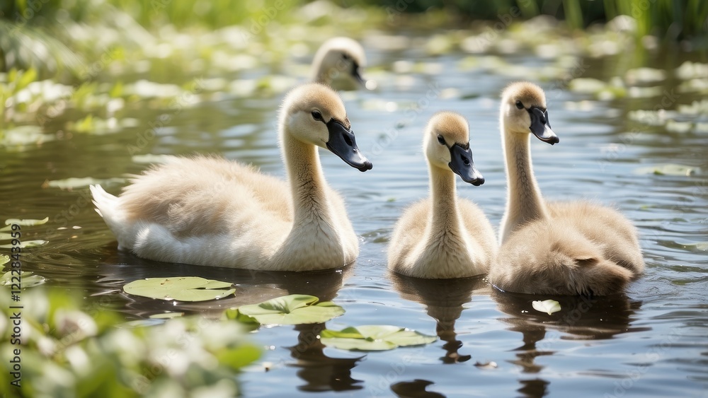 Fototapeta premium Three cygnets swim in a shallow, greenish pond surrounded by tall grasses.