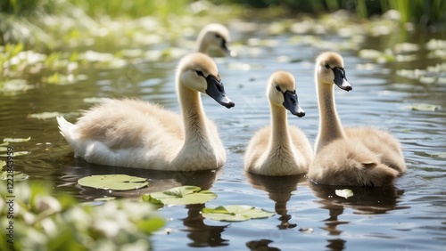 Three cygnets swim in a shallow, greenish pond surrounded by tall grasses. photo