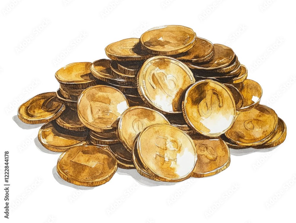 A Watercolor Illustration of a Pile of Golden Coins, Representing Wealth and Prosperity A Watercolor Illustration of a Pile of Golden Coins, Representing Wealth and Prosperity