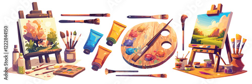 artist set cartoon. art tools sketchbook painting paints palette brush, drawing creativity learning hobby vector illustration