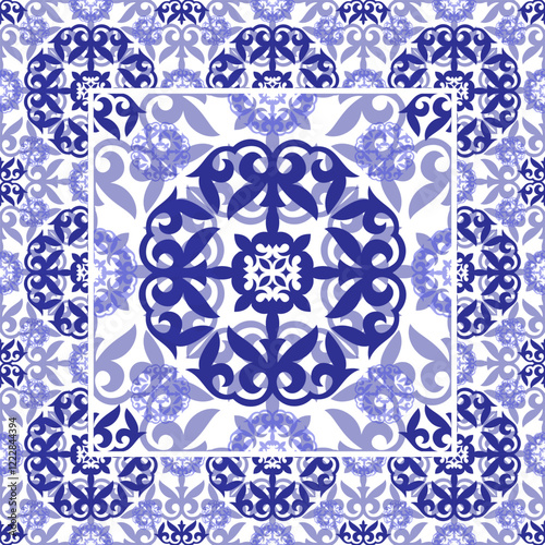 Moroccan Seamless Pattern Arabesque in blue and white. Moroccan azulejo pattern, majolica tile,Talavera, Damask, marrakech. Portuguese, dutch azulejo tile pattern, Mediterranean ceramic, patchwork