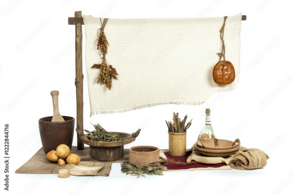 Rustic setup for ancient Roman Lupercalia festival with traditional items for celebrating love and fertility Rustic setup for ancient Roman Lupercalia festival with traditional items for celebrating love and fertility
