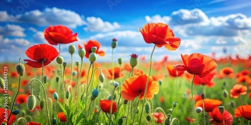 Colorful red poppies sway gently in a summer meadow with soft green grass and blue sky