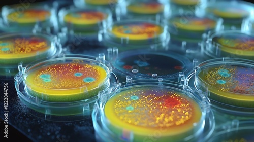 Symbolic visualization of agar plates highlighting microbial growth and antibiotic resistance testing zones