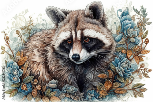 raccoon and flowers, stylized picture, artsy details., watercolor style, Generative AI