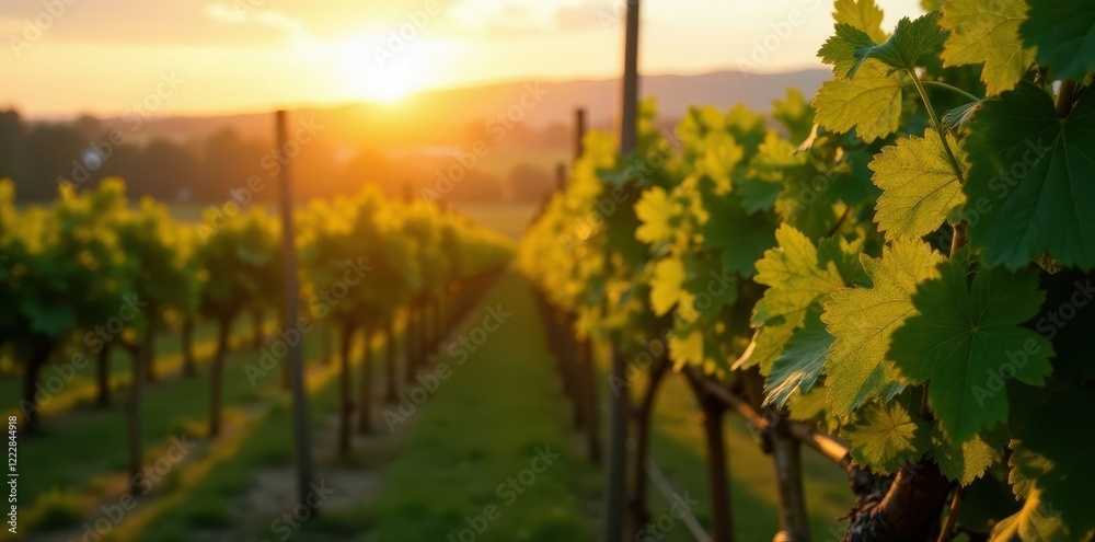 Naklejka premium Golden hour light on neatly aligned grapevines , natural light, scenery