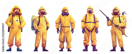 chemical protection suits cartoon. man in yellow protective suit set, infection radiation epidemic disinfection cleaning threat gas mask laboratory scientist science research special clothing vector
