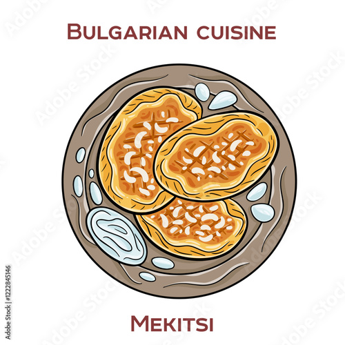 Mekitsi are traditional Bulgarian breakfast pastries, similar to fried dough pieces, often served with jam, cheese, or yogurt.