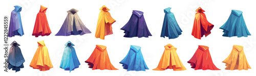 cloaks cartoon set. red yellow purple blue cape, cloak fabric item clothing carnival superhero wizard vector illustration
