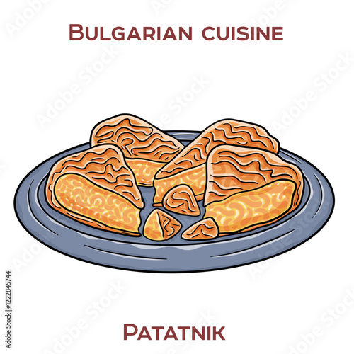 Patatnik is a traditional Bulgarian dish made from grated potatoes, onions, cheese, and spices, baked until golden and crispy. photo