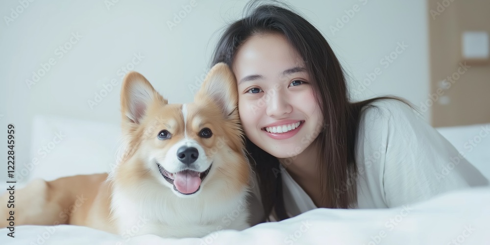 A woman is laying on a bed with a dog on her lap. The dog is a corgi and is wagging its tail. The woman is smiling and she is enjoying the moment A woman is laying on a bed with a dog on her lap. The dog is a corgi and is wagging its tail. The woman is smiling and she is enjoying the moment