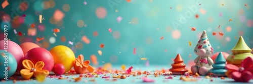 Colorful confetti and streamers swirl around children's toys , youth, merrymaking