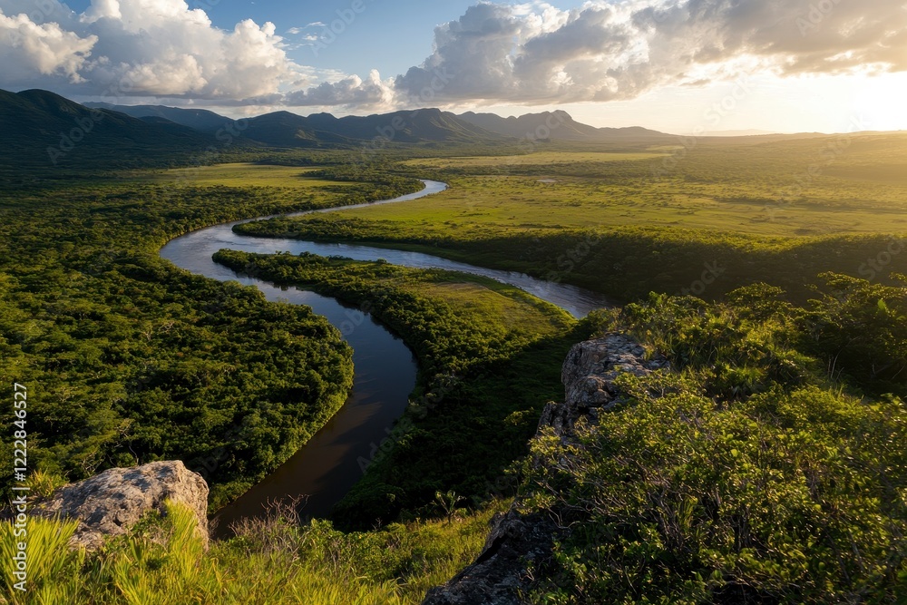 Obraz premium Lush Valley Serenity, expansive landscape showcasing a winding river, vibrant greenery, warm golden hues illuminating the tranquil scene.