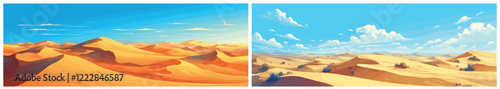desert landscape cartoon dune background set, sand nature blue sky drought hot dry climate vector illustration